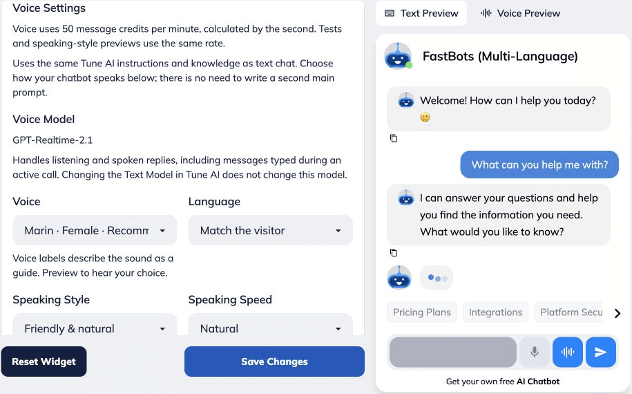Actual FastBots chat window with a button to start a voice conversation