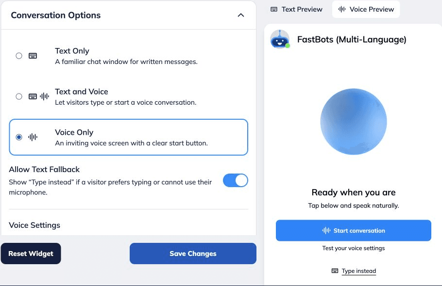 Actual FastBots voice chatbot window with a start conversation button